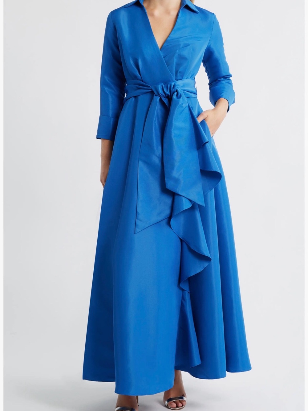 Betsy & Adam Blue Taffeta Wrap Maxi Dress with Waist Tie Size 12